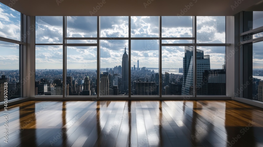 Investment Opportunities Concept. Modern interior with panoramic city views and wooden floors, showcasing skyscrapers and a dramatic sky.