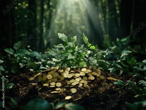 Obraz na płótnie Investment Opportunities Concept. A plant emerges surrounded by coins in a lush, sunlit forest, symbolizing growth and prosperity amidst nature. w salonie