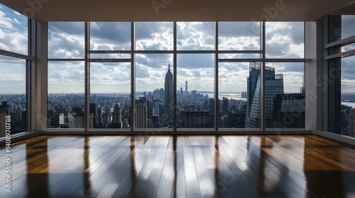 Obraz na płótnie Investment Opportunities Concept. Modern interior with panoramic city views and wooden floors, showcasing skyscrapers and a dramatic sky. w salonie
