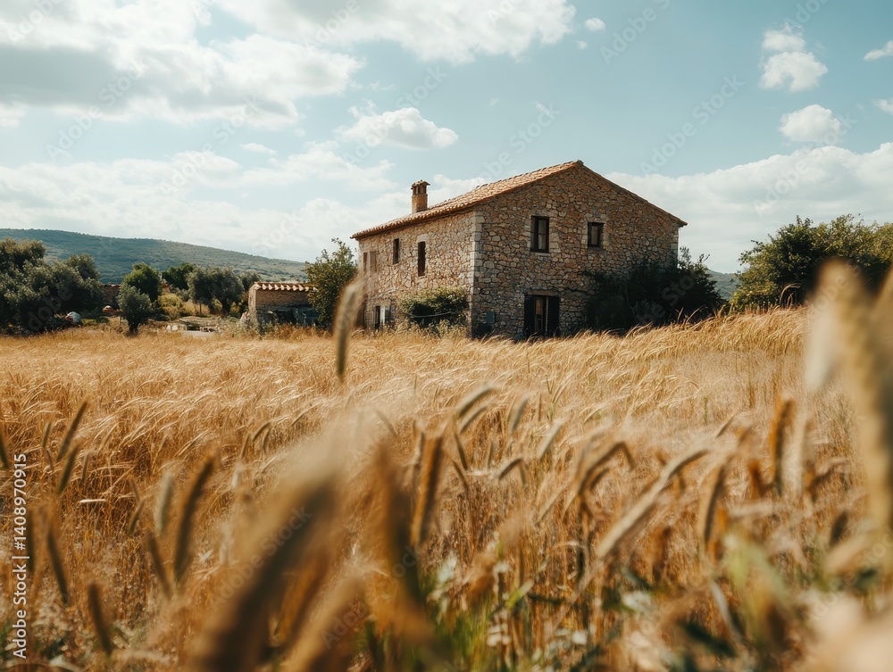 A rustic stone house surrounded by golden wheat fields under a cloudy sky, depicting a serene countryside landscape.
