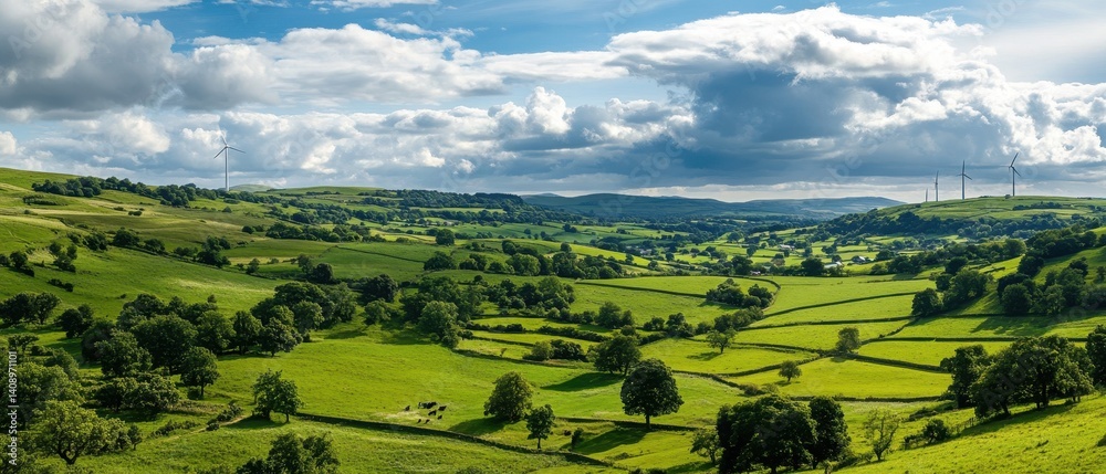 Vibrant green countryside under a dynamic sky with scattered clouds and wind turbines in the distance.