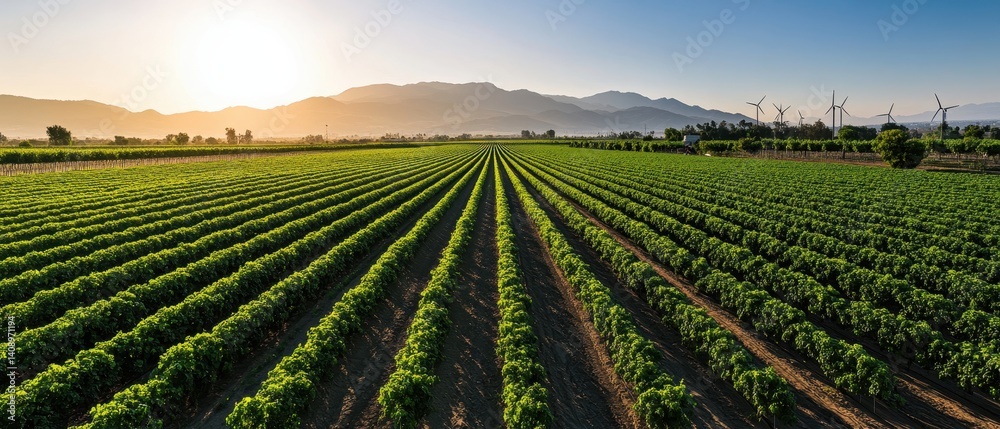 Lush green vineyard rows stretch across a landscape under a golden sunset, with mountains in the distance creating a peaceful rural scene.
