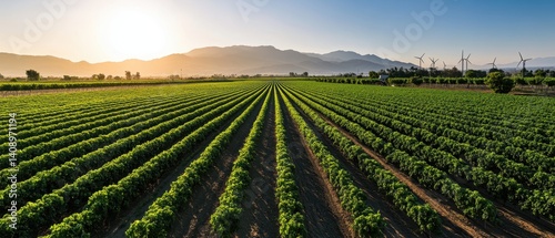 Obraz na płótnie Lush green vineyard rows stretch across a landscape under a golden sunset, with mountains in the distance creating a peaceful rural scene. w salonie