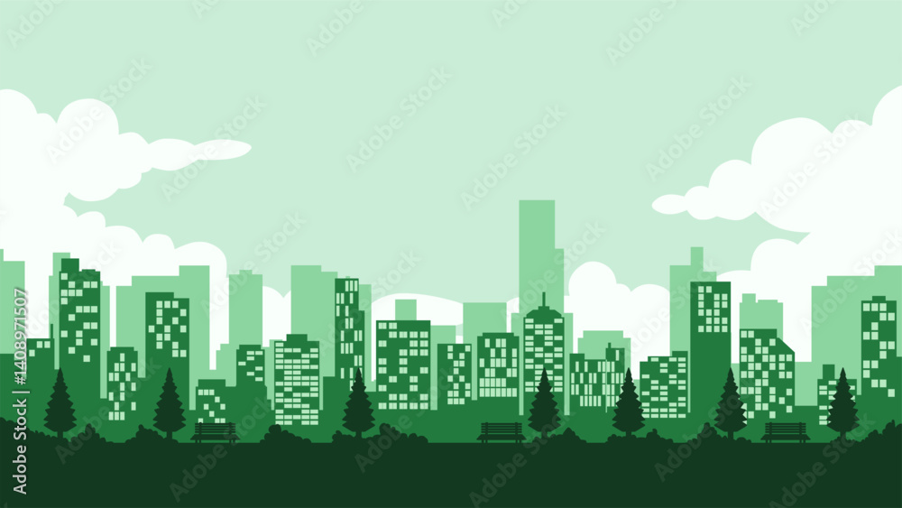 Cityscape of skyline building in the downtown. Scenery of the city landscape with apartment and skyscrapers architecture. Vector illustration of a scenic cloudscape over the city with office buildings Cityscape of skyline building in the downtown. Scenery of the city landscape with apartment and skyscrapers architecture. Vector illustration of a scenic cloudscape over the city with office buildings