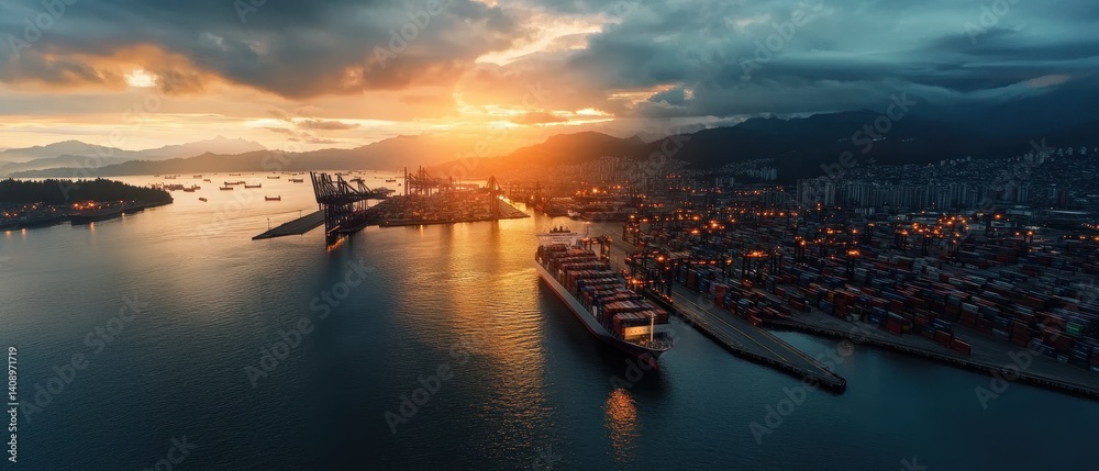 Investment Opportunities Concept. A stunning aerial view of a bustling port at sunset, showcasing ships, city lights, and dramatic cloud formations over water.