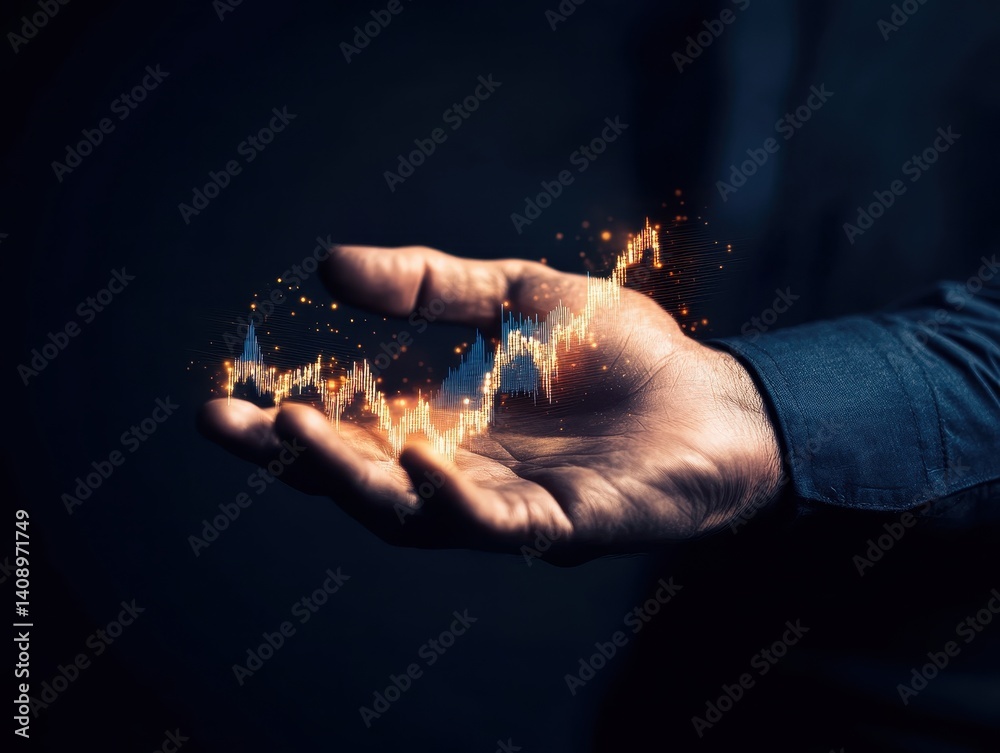 Investment Opportunities Concept. A hand holding abstract data visuals representing growth, technology, and digital information in a dark setting.