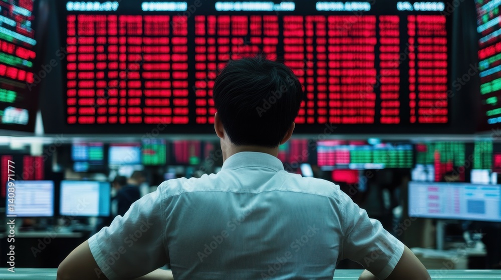 Investment Opportunities Concept. A trader analyzes stock market data from multiple screens displaying market fluctuations in red and green.