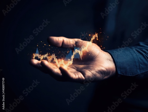 Obraz na płótnie Investment Opportunities Concept. A hand holding abstract data visuals representing growth, technology, and digital information in a dark setting. w salonie