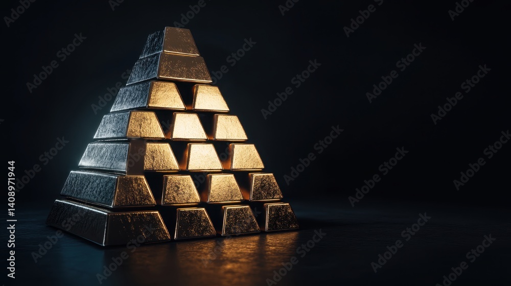 Investment Opportunities Concept. A pyramid of gold bars illuminated from below, creating a dramatic effect against a dark background.