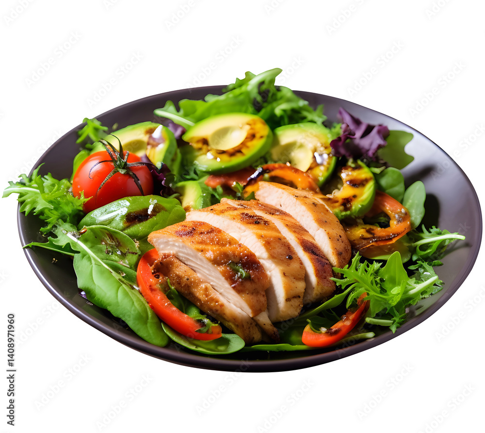 grilled chicken breast steak with salad, vegetables, isolated background. grilled chicken breast steak with salad, vegetables, isolated background.