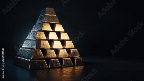 Obraz na płótnie Investment Opportunities Concept. A pyramid of gold bars illuminated from below, creating a dramatic effect against a dark background. w salonie