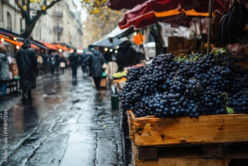 Wallpaper Mural Fresh juicy grapes displayed at a vibrant street market in Paris during a rainy day, Juicy fresh grapes at a street market in Paris Torontodigital.ca