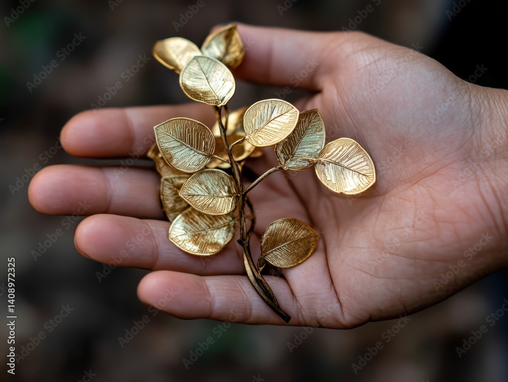 Investment Opportunities Concept. A hand holds an intricately detailed golden branch with leaves, showcasing a blend of nature and artistry against a blurred background.