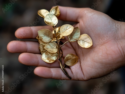 Obraz na płótnie Investment Opportunities Concept. A hand holds an intricately detailed golden branch with leaves, showcasing a blend of nature and artistry against a blurred background. w salonie