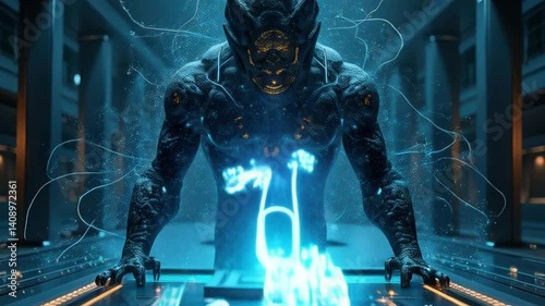 Futuristic digital demon or cybernetic entity emerging from a glowing interface in a dark high-tech chamber, surrounded by blue neon energy tendrils.

