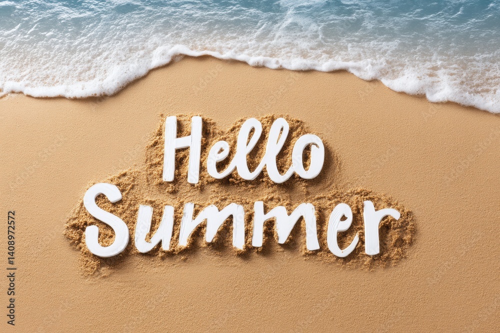 Fototapeta premium G written in sand on a beach with an incoming wave, Hello Summer background.