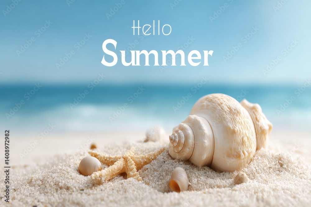 Shell and starfish on a beach with the phrase Hello Summer displayed vividly, Hello Summer background.