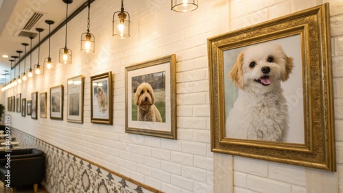 Pet Grooming A stylish interior featuring framed dog portraits along a brick wall in a cozy setting.