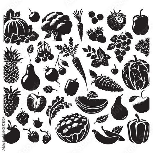 Vegetables, fruits, berries, vector silhouette