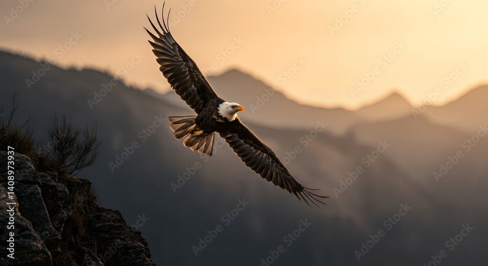 Fototapeta premium Eagle Soaring Over Mountain Landscape at Sunset