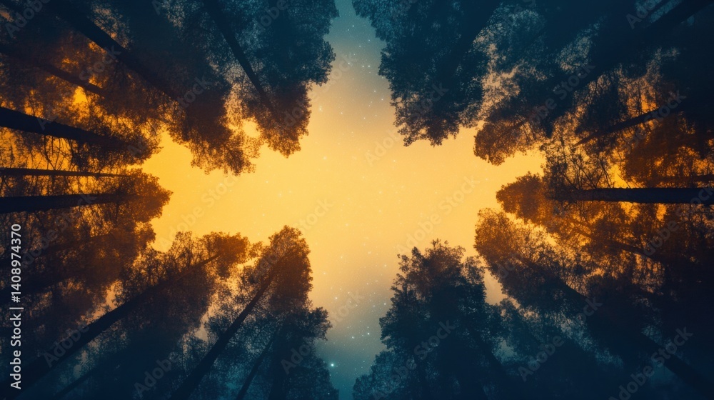 Obraz premium Soft orange and blue hues blend in the sky as tall trees frame a tranquil evening scene in a peaceful forest