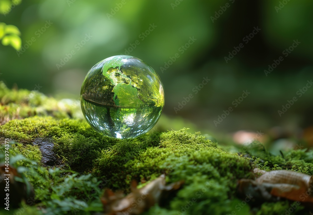 Environmental concept - Crystal globe on green moss in forest to protect nature. Eco-friendly esg conservation care for the earth for sustainability keep the earth clean and ecology. Earth Day Environmental concept - Crystal globe on green moss in forest to protect nature. Eco-friendly esg conservation care for the earth for sustainability keep the earth clean and ecology. Earth Day