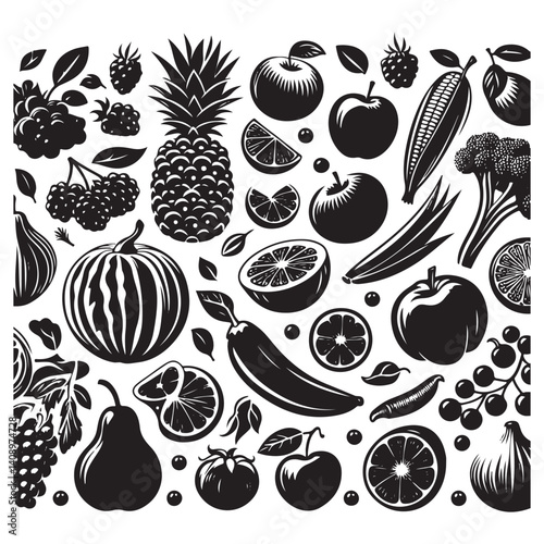 Vegetables, fruits, berries, vector silhouette