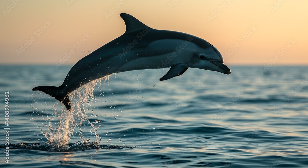 Obraz premium Dolphin Jumping Out of Water at Sunset Splashing