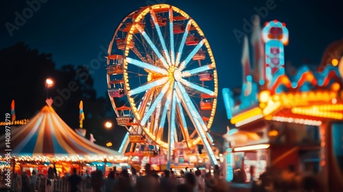 Vibrant night scene at a brightly lit amusement park.