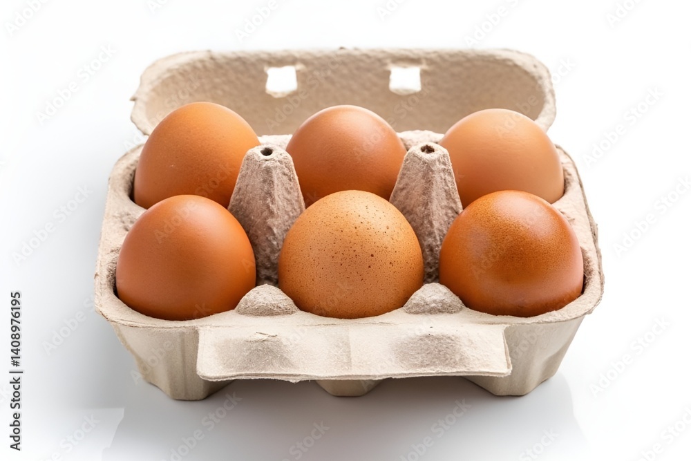 Six Brown Eggs in Carton on White Background - Minimalist High-Key Food Photography Six Brown Eggs in Carton on White Background - Minimalist High-Key Food Photography