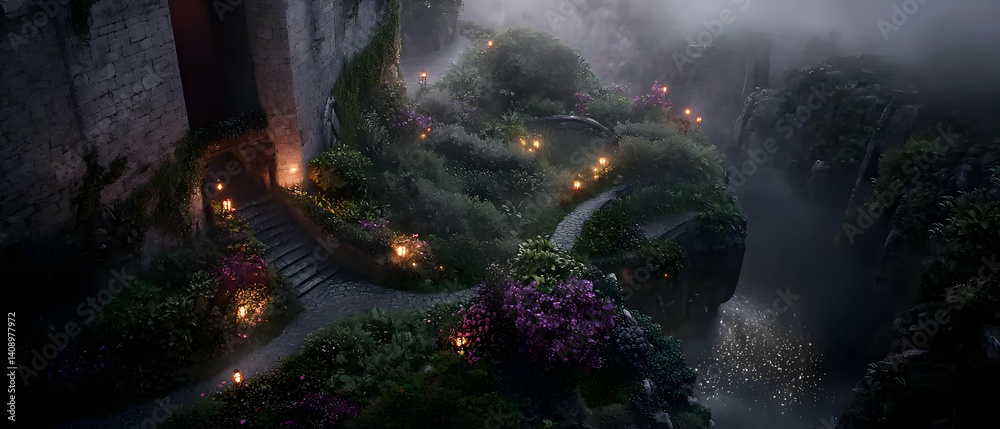 Naklejka premium Mystical, Fog-Shrouded Garden Encircles Ancient Ruins