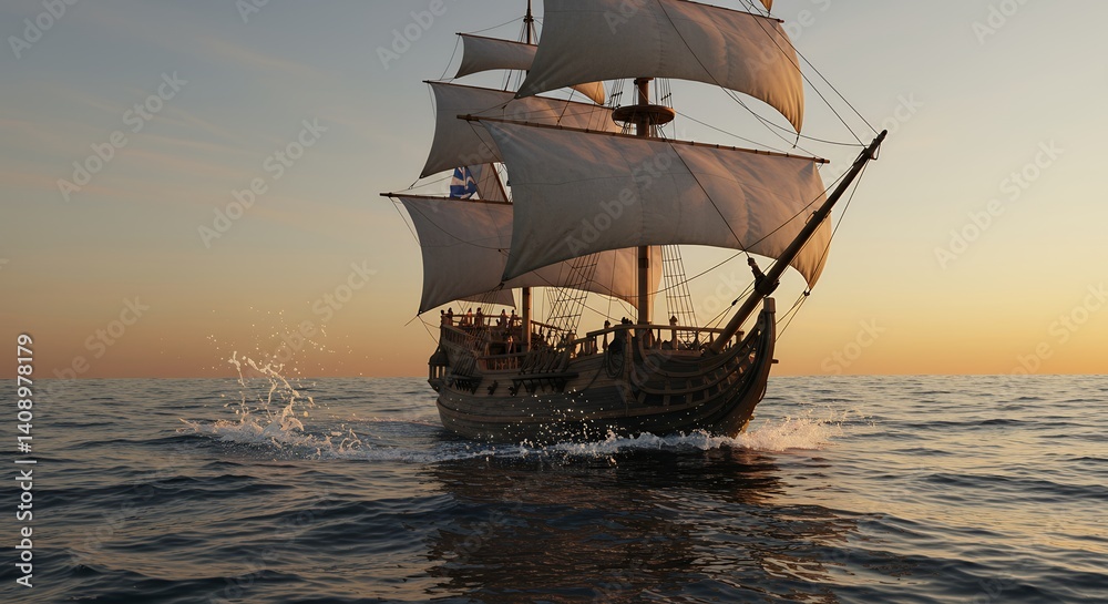 Obraz premium Sailing Ship on the Ocean at Sunset - Adventure and Exploration