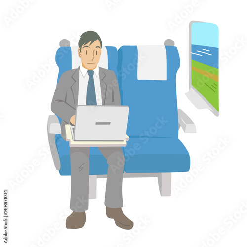 新幹線の座席で報告書を作成するビジネスマン