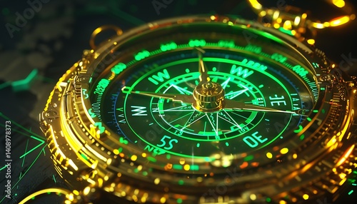 A cybernetic golden compass infused with AI navigation glowing with intricate neon green details