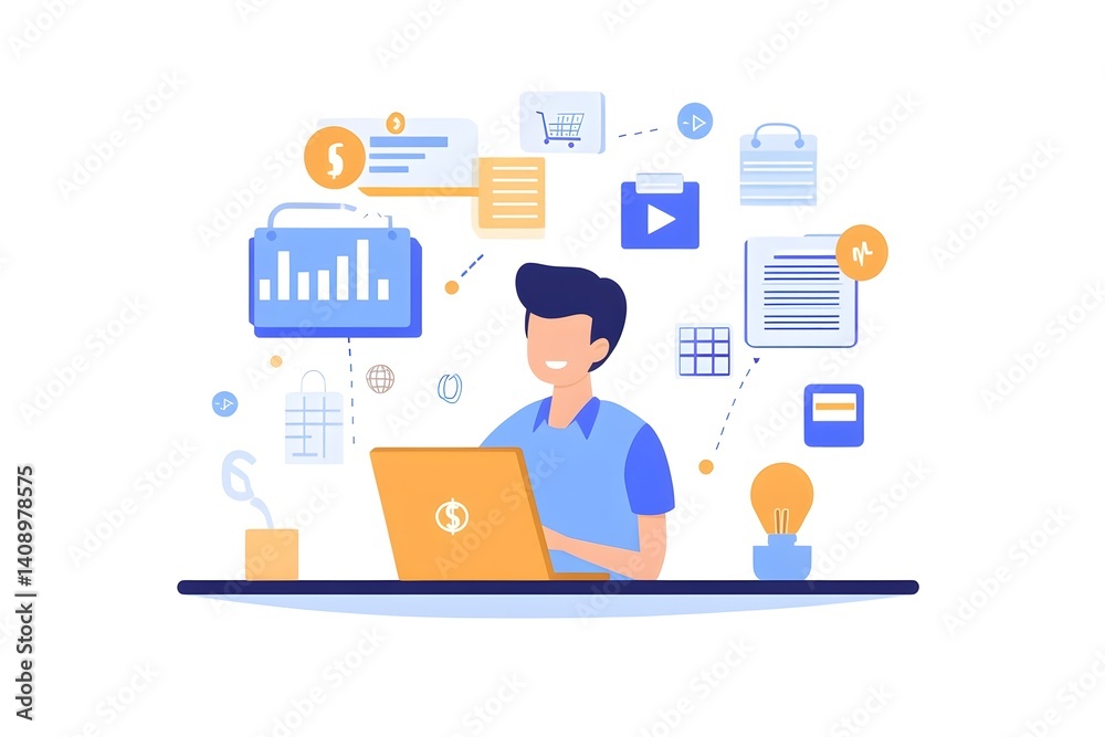 Man working on laptop, business data analysis
