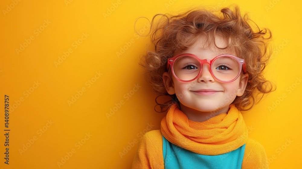 A cheerful child with curly hair and colorful glasses smiles against a bright yellow background during a sunny afternoon A cheerful child with curly hair and colorful glasses smiles against a bright yellow background during a sunny afternoon
