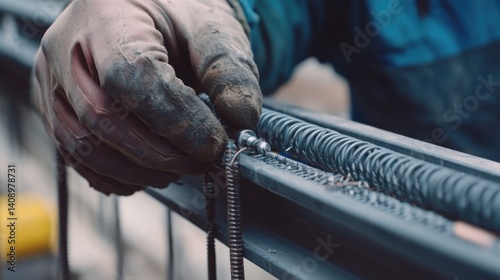 A construction worker tightening a bolt on a metal frame structure. Featuring expertise and attention to detail