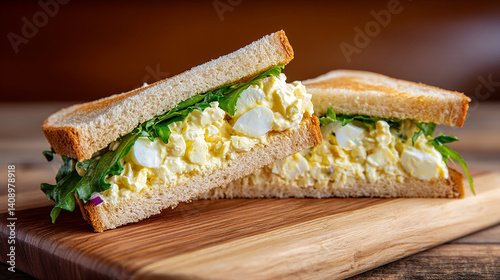 Egg salad sandwich cut diagonally on soft white bread