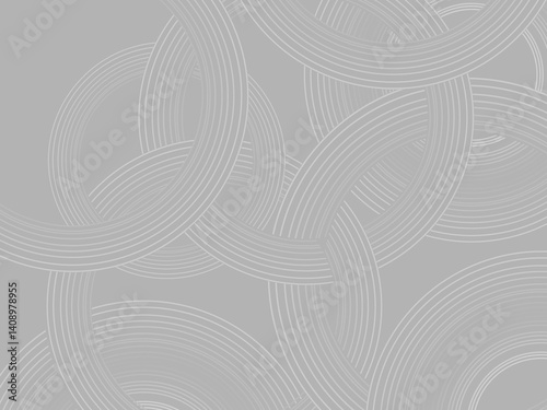 Gray background with abstract design of gray gradient circular lines. The 3d circular pattern consists of repeating curved lines, creating a sense of movement and depth.