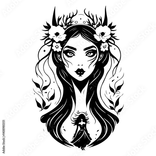Enigmatic Forest Maiden Graphic Illustration