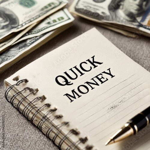Dollar bills, a notebook with the text QUICK MONEY on a light background. Business and financial concept