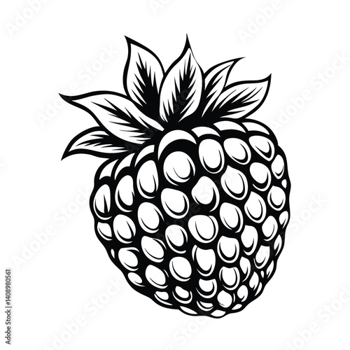 Black and White of Raspberry Fruit with Leaves Isolated on a White Background