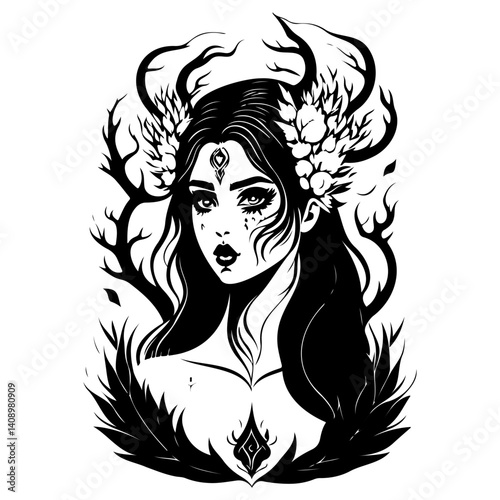Enigmatic Forest Spirit, Monochrome Illustration