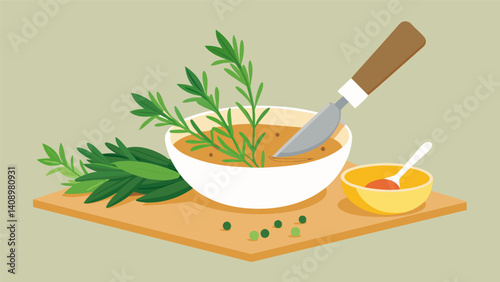 Freshly picked thyme and rosemary leaves being chopped with tangy vinegar and olive oil to make a tangy chimichurri sauce.. Vector illustration