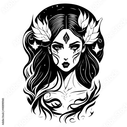 Enigmatic Forest Nymph Ink Illustration Portrait