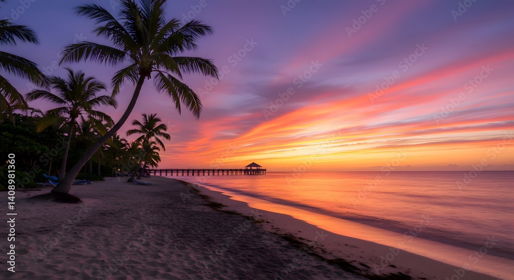Fototapeta premium Palm Trees at Beach During Colorful Sunset with Pier and Ocean View