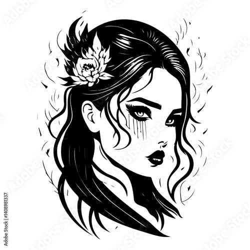 Monochrome Portrait of a Mysterious Woman with Rose