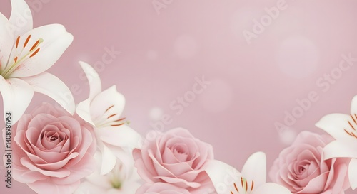 Soft Pink Roses and Lilies on Bokeh Background for Valentine's