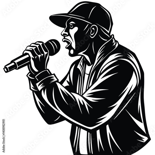 Monochrome Design of Rapping African American Man Holding Microphone Wearing Cap