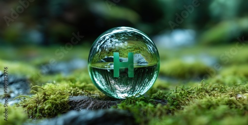 Wallpaper Mural H2 concept on hydrogen energy innovation. Zero Emission Technology environmentally friendly industry and alternative energy in the future for the net zero goal. Green H2 icon on crystal globe Torontodigital.ca
